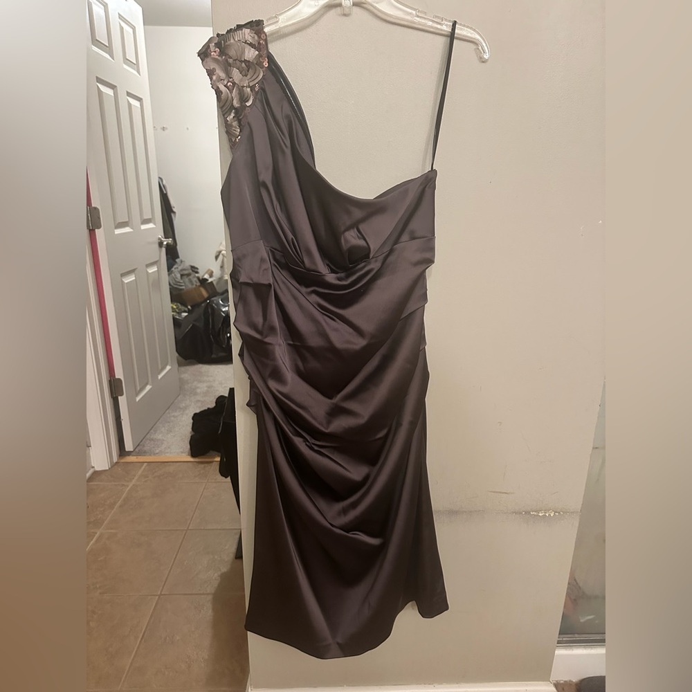 Suzi Chin for Maggy Boutique Gray One Shoulder Ruched Cocktail Dress